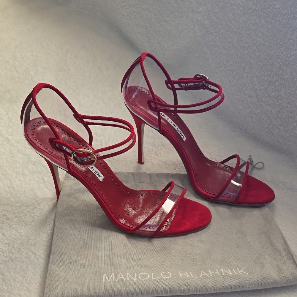 Manolo Blahnik Vibrant Red Suede Heels - Picture 2 of 5